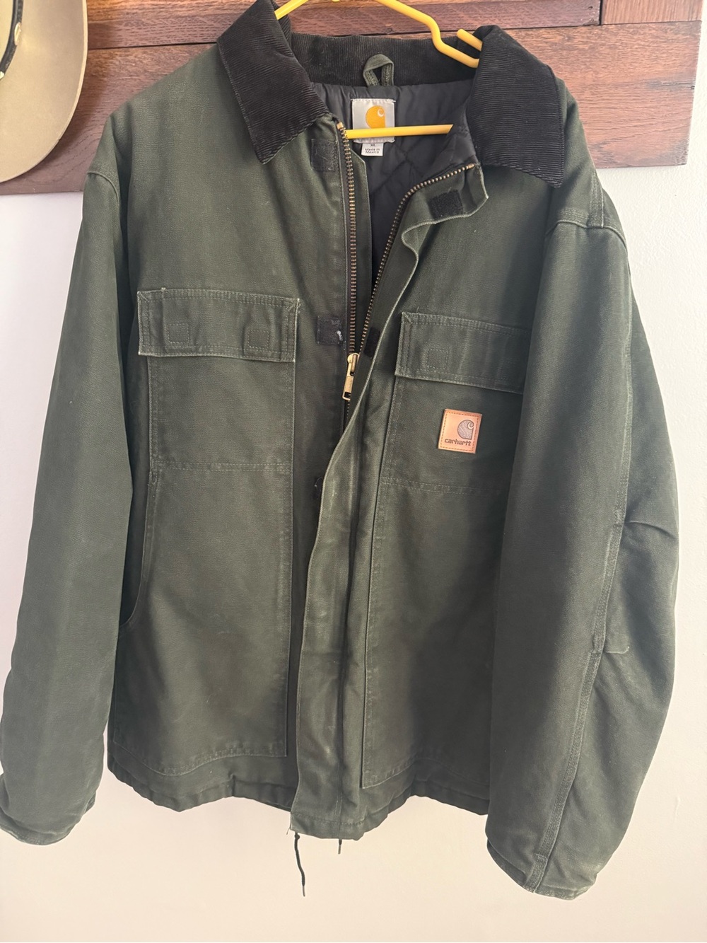 Carhartt Olive Green Canvas Work Jacket with black  Corduroy Collar. XL